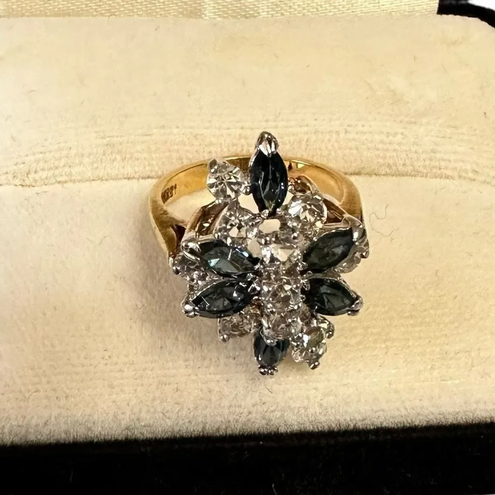 Vintage 18KT HGF Gold Sapphire blue gemstone and CZ cocktail ring Size 8-8.5